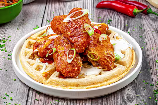 vegetarian waffles topped with vegan buffalo wings.