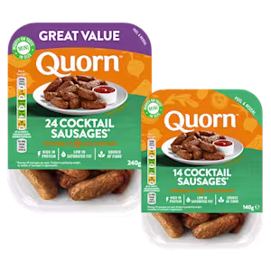 Quorn Vegetarian Cocktail Sausages in branded packaging. Two packs of 24 and 14 sausages.
