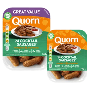 Quorn Vegetarian Cocktail Sausages in branded packaging. Two packs of 24 and 14 sausages.
