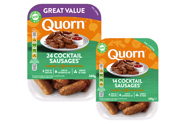 Quorn Vegetarian Cocktail Sausages in branded packaging. Two packs of 24 and 14 sausages.