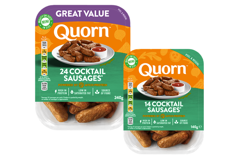 Meat free Quorn Cocktail Sausages product packaging with nutritional information.