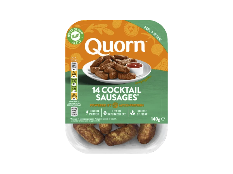 Meat free Quorn Cocktail Sausages product packaging with nutritional information.