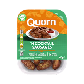 Meat free Quorn Cocktail Sausages product packaging with nutritional information.