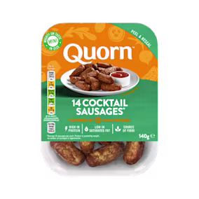 Meat free Quorn Cocktail Sausages product packaging with nutritional information.