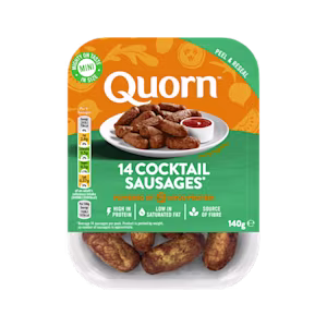 Meat free Quorn Cocktail Sausages product packaging with nutritional information.