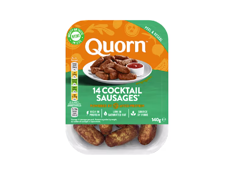 Meat free Quorn Cocktail Sausages product packaging with nutritional information.