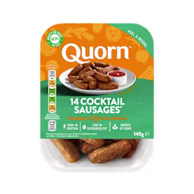 Quorn Vegetarian Cocktail Sausages in branded packaging. Two packs of 24 and 14 sausages.