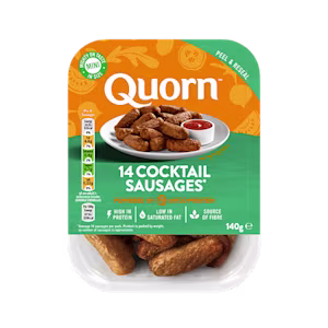 Quorn Vegetarian Cocktail Sausages in branded packaging. Two packs of 24 and 14 sausages.