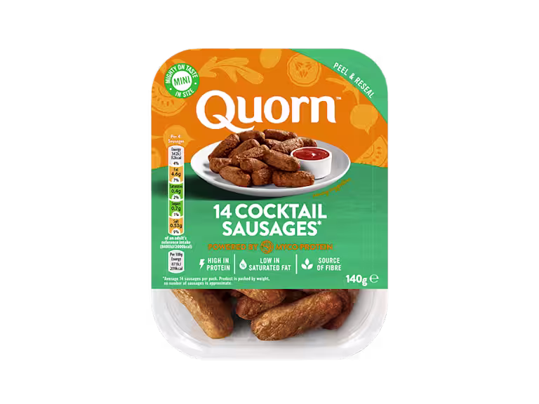 Quorn Vegetarian Cocktail Sausages in branded packaging. Two packs of 24 and 14 sausages.