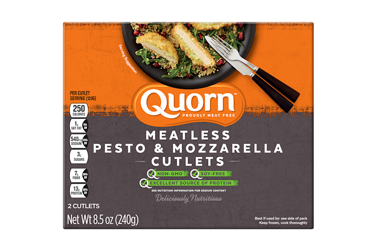 A box of Quorn Meatless Pesto & Mozzarella Cutlets showing the plated product and information on a charcoal and orange background.
