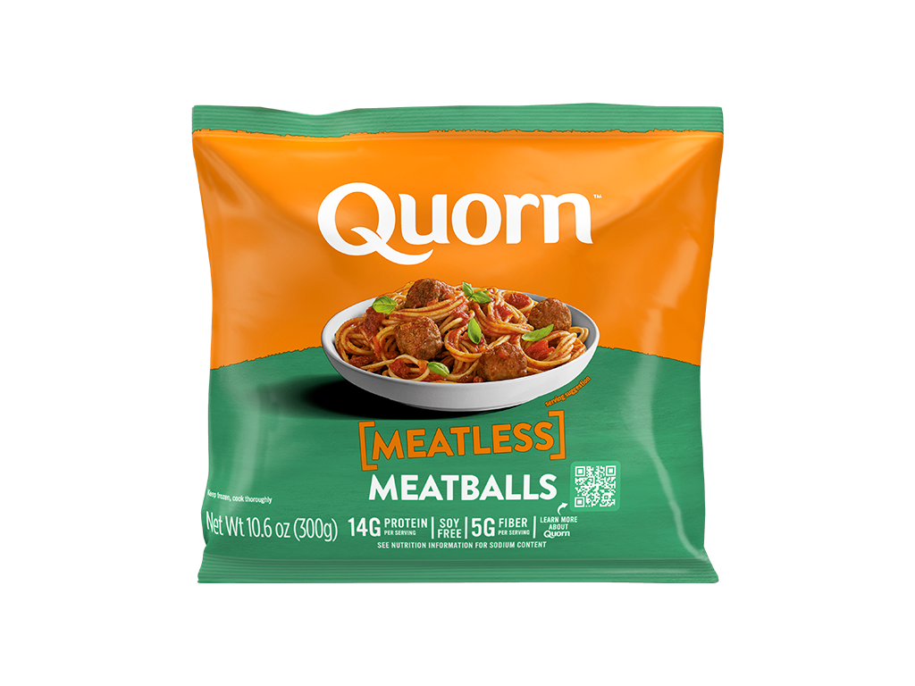 A bag of Quorn Meatless Meatballs showing the plated product and information on an orange and charcoal background.