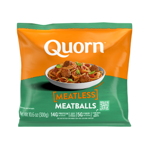 A bag of Quorn Meatless Meatballs showing the plated product and information on an orange and charcoal background.