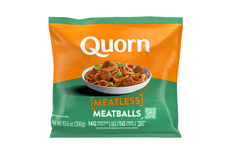 A bag of Quorn Meatless Meatballs showing the plated product and information on an orange and charcoal background.