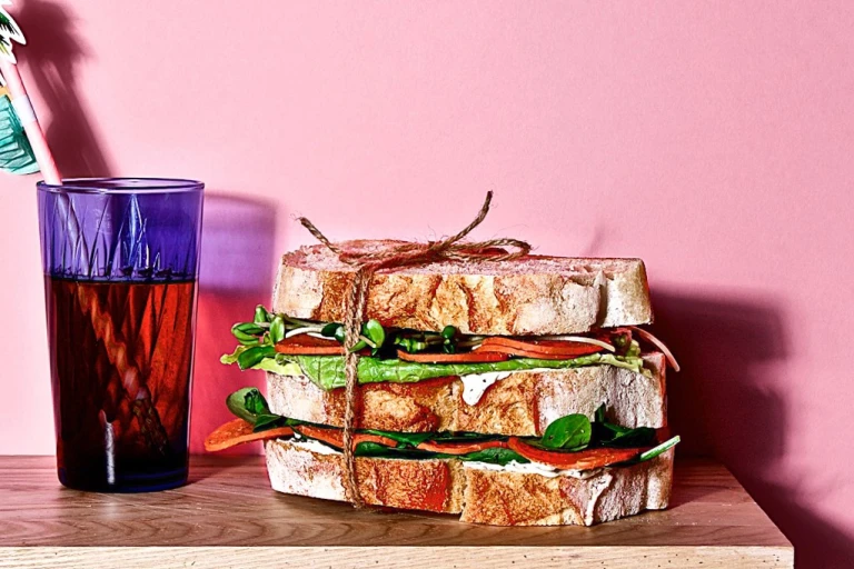 Sourdough sandwich filled with Quorn Vegan Pepperoni Slices and fresh salad