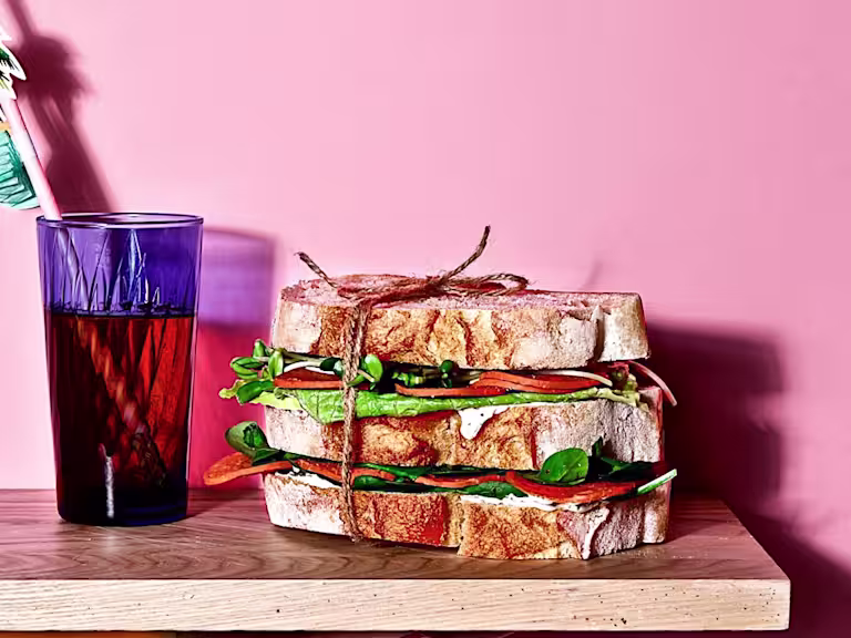 Sourdough sandwich filled with Quorn Vegan Pepperoni Slices and fresh salad