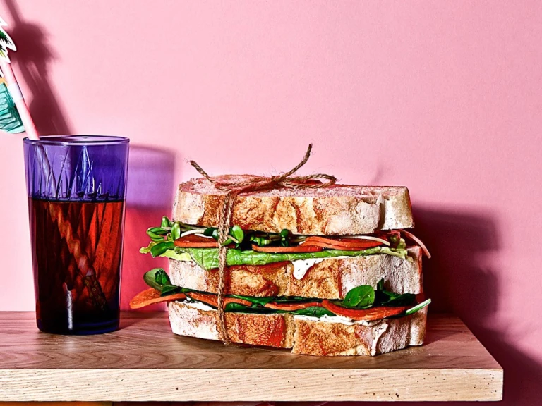 Sourdough sandwich filled with Quorn Vegan Pepperoni Slices and fresh salad