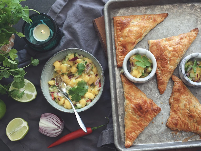 Frasiga smördegspiroger med Quorn Färs och mangosalsa