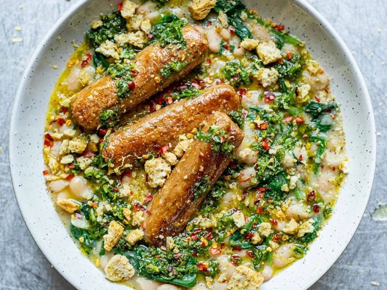 Garlicky Beans & Quorn Sausages with Salmoriglio