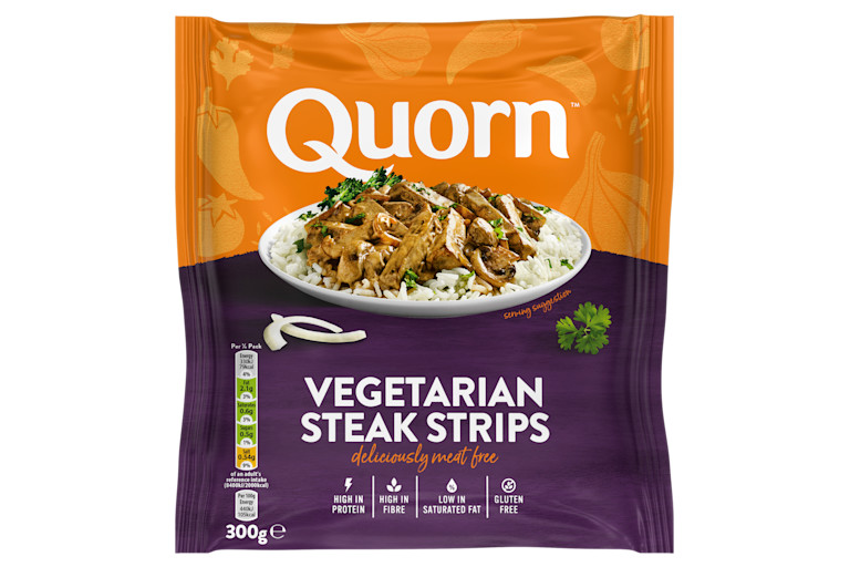 A packet of Quorn Vegetarian Steak Strips showing the plated product and information on an orange and charcoal background.