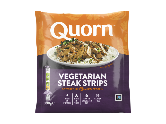 A packet of Quorn Vegetarian Steak Strips showing the plated product and information on an orange and charcoal background.