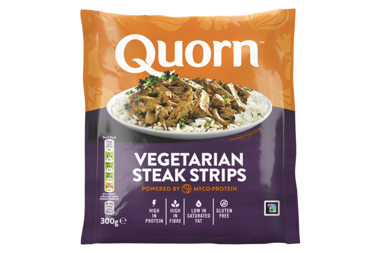 A packet of Quorn Vegetarian Steak Strips showing the plated product and information on an orange and charcoal background.