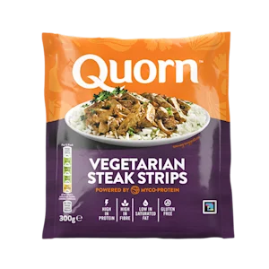A packet of Quorn Vegetarian Steak Strips showing the plated product and information on an orange and charcoal background.