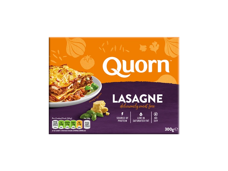 Quorn meat free Lasagne product packaging with nutritional information.