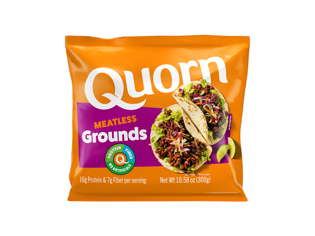 A bag and a box of Quorn Meatless Grounds showing the plated product and information on an orange and charcoal background.