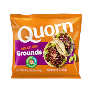 A bag and a box of Quorn Meatless Grounds showing the plated product and information on an orange and charcoal background.