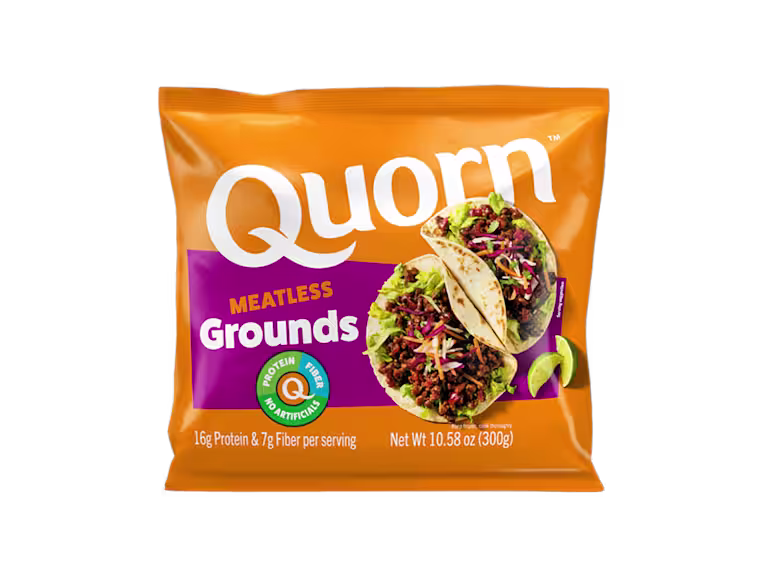 A bag and a box of Quorn Meatless Grounds showing the plated product and information on an orange and charcoal background.