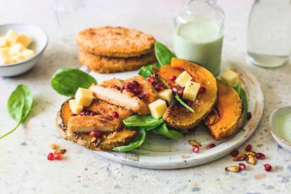 Salade de potiron grillé et burgers hot and spicy vegan de Quorn