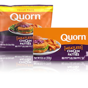 Quorn Meatless ChiQin Patties packets in a value pack and boxed version.