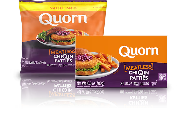 Quorn Meatless ChiQin Patties packets in a value pack and boxed version.