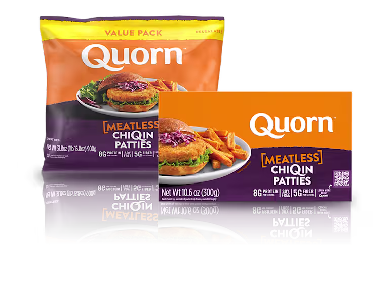 Quorn Meatless ChiQin Patties packets in a value pack and boxed version.
