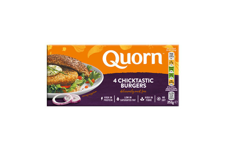 Quorn Chicktastic Burgers packaging with nutritional information. 