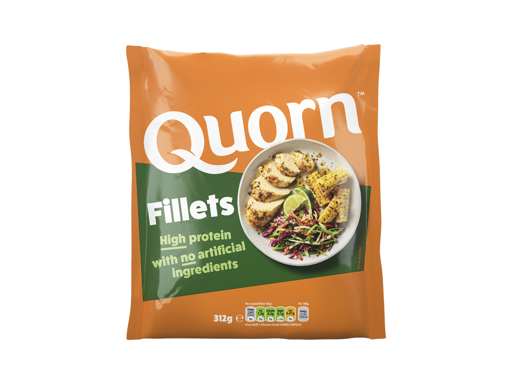 A bag of Quorn Fillets showing the prepared product and information on an orange and charcoal background.