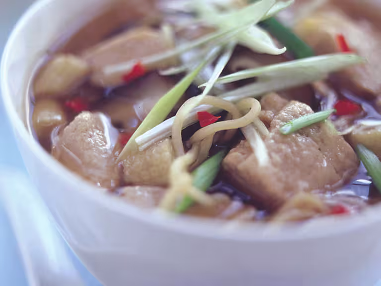 Vegetarian noodle recipe made with Quorn pieces served in a broth, garnished with finely sliced spring onion