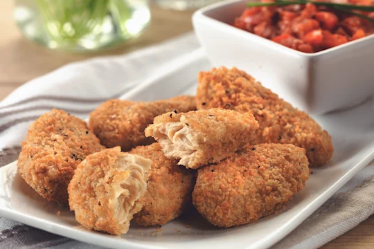 Quorn Southern Fried Bites on a white plate with a dish of red pepper relish in the background.
