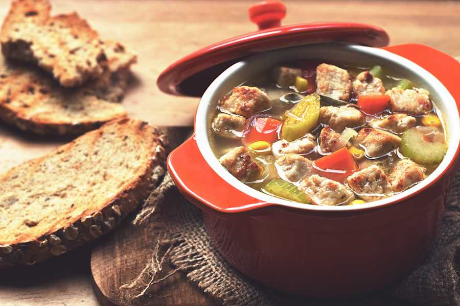 Homemade Vegetable Soup with Vegetarian Chicken Pieces | Quorn