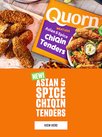 Quorn Asian 5 Spice ChiQin Tenders pictured with sweet potato fries, salad, lime wedges and dipping sauces. The product pack sits beside the tenders, with an orange panel reading “NEW! Asian 5 Spice ChiQin Tenders” and a “View Here” button.