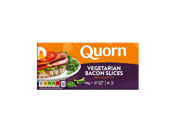 Front of a packet of Quorn Frozen Vegetarian Bacon Slices , featuring dietary information and serving suggestion