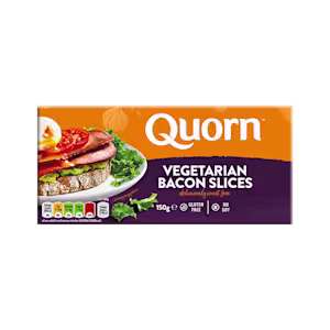 Front of a packet of Quorn Frozen Vegetarian Bacon Slices , featuring dietary information and serving suggestion