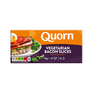 Front of a packet of Quorn Frozen Vegetarian Bacon Slices , featuring dietary information and serving suggestion