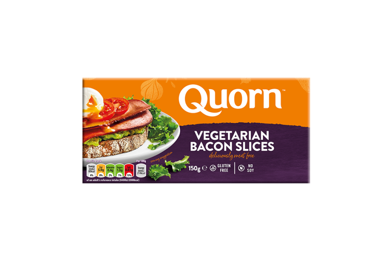 Front of a packet of Quorn Frozen Vegetarian Bacon Slices , featuring dietary information and serving suggestion