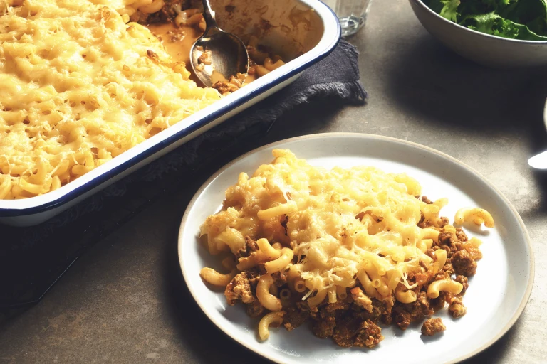 Mac n cheese made with a base of Quorn Mince and topped with grated cheddar cheese.