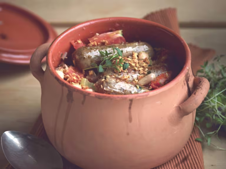A clay pot filled with a cassoulet made with Quorn Sausages, tomatoes, and white beans.