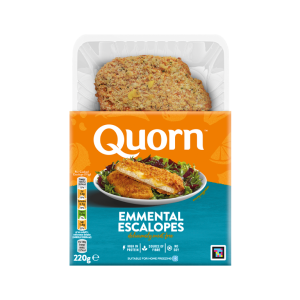 Meat free Quorn Emmental Escalope product packaging with nutritional information.