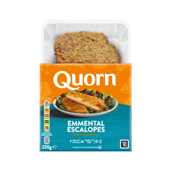 Meat free Quorn Emmental Escalope product packaging with nutritional information.