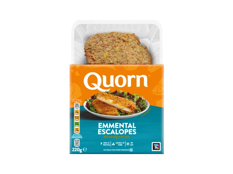 Meat free Quorn Emmental Escalope product packaging with nutritional information.
