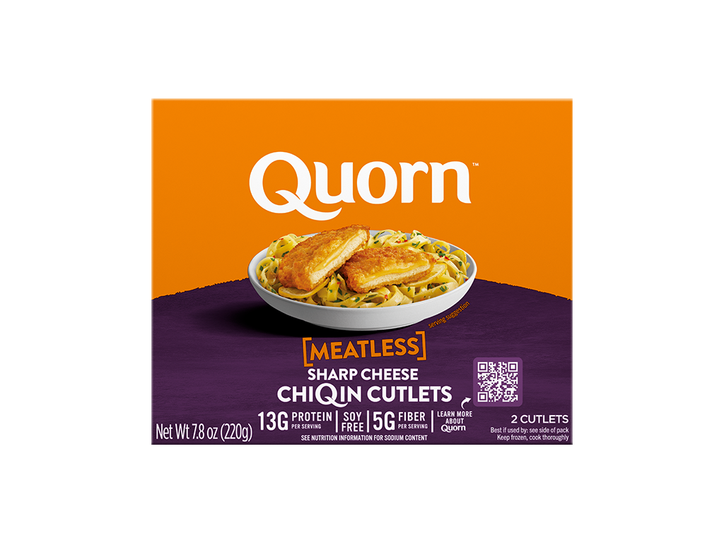 A box of Quorn Meatless Sharp Cheese Cutlets showing the product and product information on an orange and charcoal background.